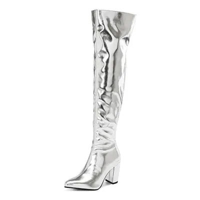 (silver, 44) Women Over-the-knee Boots Pointed Toe Chunky High Heels Zipper Pleated Long Boots L