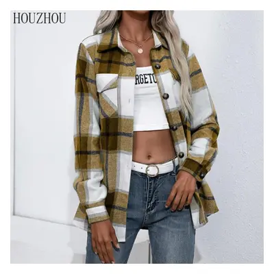 (yellow, S) Houzhou Thick Plaid Shirt Women Autumn And Winter Long Sleeved Korean Chic Office La