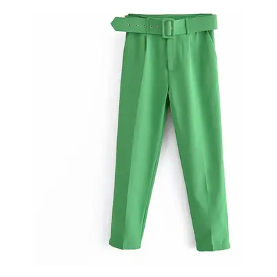 (mint, S) Pants Suit Women High Waist Sashes Pockets Middle Aged Long Pant