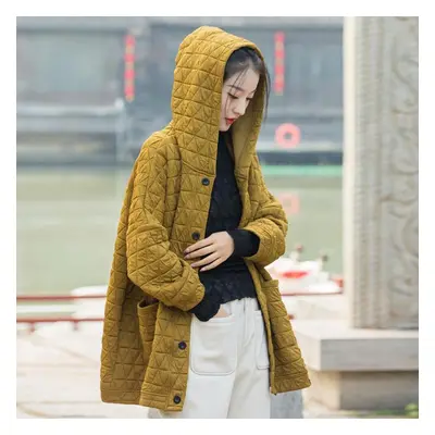 (yellow, One Size) Johnature Women Vintage Hooded Parkas Button Bat Sleeve Solid Color Warm Coat