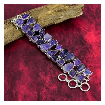 (purple, Inches With Adjustable) Rough Amethyst Bracelet Jewelry, Solid Sterling Silver Jewelry 