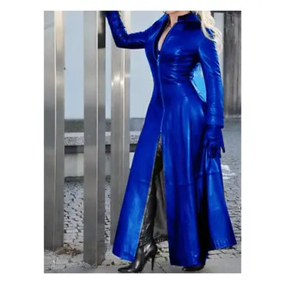 (blue, XXXL) Women&apos;s Winter Super Long Pu Stand Collar Leather Jacket