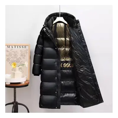 (Long Black, L) Black gold hooded down jacket men women warm couple coat outdoor bread jacket