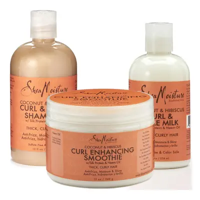 Shea Moisture Coconut Hibiscus Curl & Shine Shampoo,Style Milk, Smoothie (Set Of 3)