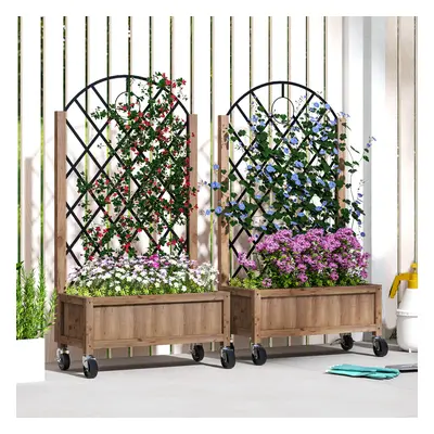 Outsunny Pack of Wooden Raised Bed, Outdoor Planter Box w/ Metal Trellis