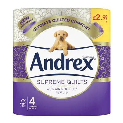 Andrex Supreme Quilts Toilet Tissue, Quilted Toilet Rolls (Case of 6, x 4pk)