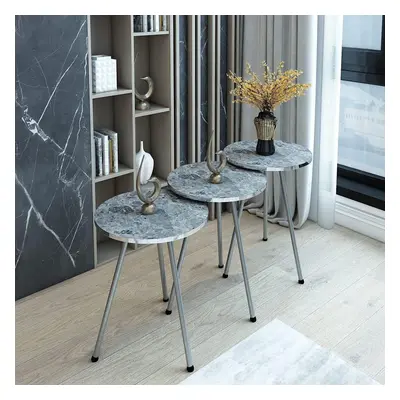 (Grey) Set Of Modern Chic Round Wood/Metal Nesting End Stacking Coffee Bedside Tables In Colours