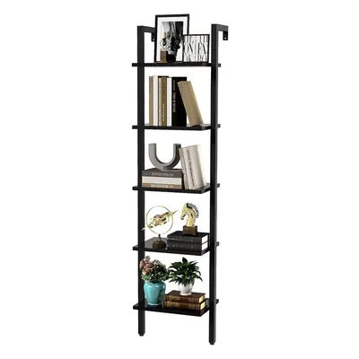 (Black) Bookshelf Wall Mounted, Ladder Shelf, 5-Tier Bookcase Rack, Storage Unit with Metal Fram