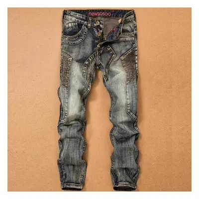 (denim blue, 32) Trendy Retro Men&apos;s Jeans Distressed Stitching Slim Straight Trousers Jeans