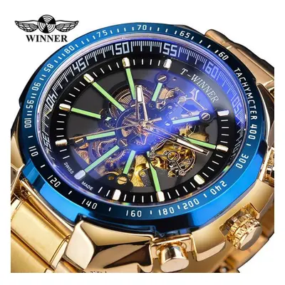 (as the picture) Winner Blue Light Glass New Fashion Mens Watches Black Golden Stainless Steel W