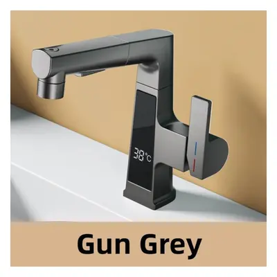 (gun grey) Led Bathroom Faucet Intelligent Temperature Sensor Digital Display Faucet Brass Basin