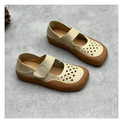 (beige, 39) Johnature Retro Handmade Genuine Leather Square Toe Women Flat Shoes Hollowed Out Co