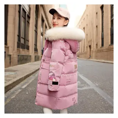 (pink, 7-8) New Winter Down Cotton Jacket Girls Waterproof Hooded Coat Children Outerwear Clothi