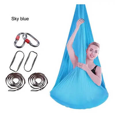 (sky blue) 4x2.8m Elastic Aerial Yoga Hammock Aerial Silk Yoga Swing Antigravity Yoga Belt Home 