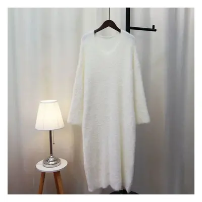 (white, One Size) Autumn And Winter New Mohair Loose V-neck Lazy Wind In The Long Paragraph Retr