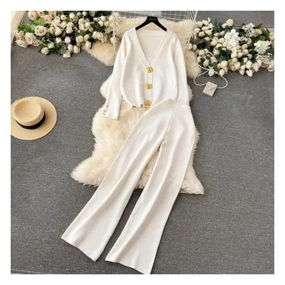 (white, One Size) Autumn Winter Golden Buttons V Neck Pocket Cardigan Sweaters + Wide Leg Pants 