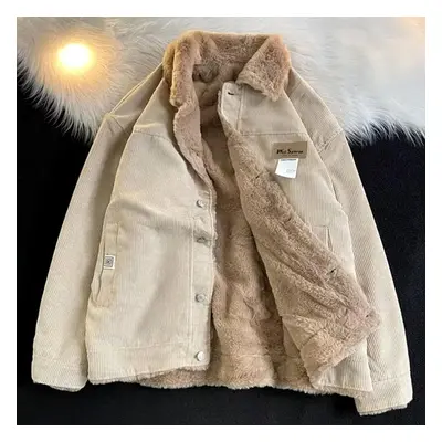 (khaki, M) Men&apos;s Khaki Y2k Winter Thick Parkas Plus Velvet Loose Corduroy Down Coat Quality