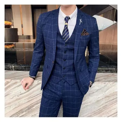 (blue, Asia 7XL 96-100kg) Men Business Two Pieces Suits /male Slim Fit Beige Groom&apos;s Weddin