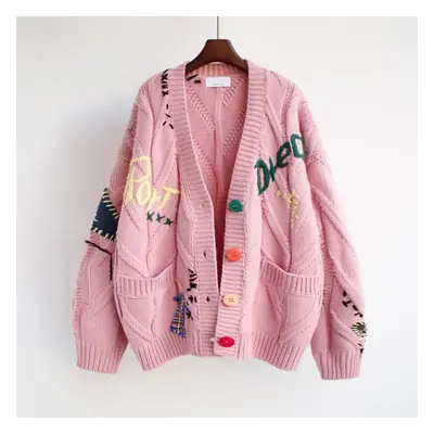 (pink, XXL) Autumn Winter Women Cardigan Warm Knitted Sweater Jacket Pocket Embroidery Fashion K