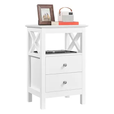 (1, White) Wooden Nightstand Cabinet Unit with Drawers and Open Shelf, X Shaped Sofa End Side Ta