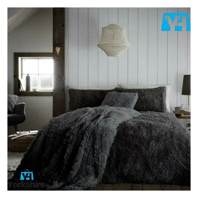 (Charcoal, Double) Long Pile Teddy Fleece Duvets Quilts Cover Set Warm Fluffy Bedding Pillow Cas