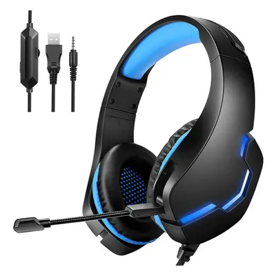 (Black blue) Gaming Headset 3.5mm+USB 40mm Drive Wired Stereo RGB Game Headphone with Mic LED Li