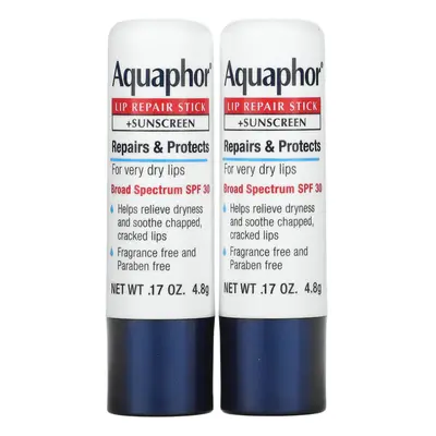 Aquaphor, Lip Repair Stick + Sunscreen, SPF 30, Fragrance Free, Dual Pack, Sticks, 0.17 oz (4.8 