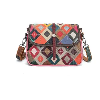 (multicolor) Johnature Color Plaid Stitching Women Bag Genuine Leather Leisure Soft Cowhide Port