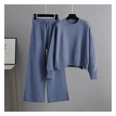 (blue, OneSize) Autumn Winter Causal Knitted Pullover Suit Pants Women Loose Sweater Wide Leg Pa