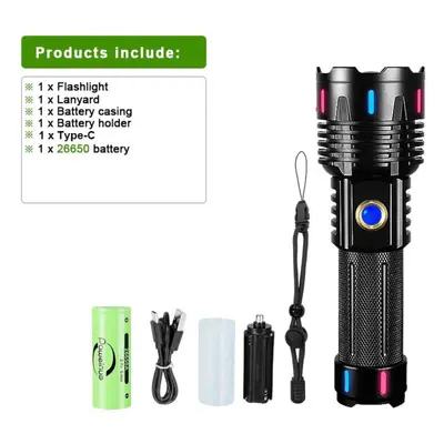 (black, With battery) 80000lm Ultra Powerful Rechargeable Flashlight 800w Led High Power Led Fla