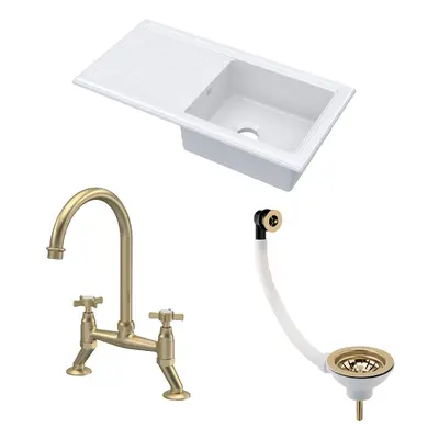 Fireclay Kitchen Bundle - Single Bowl Sink & Drainer, Waste & Bridge Crosshead Tap, 1010mm - Bru