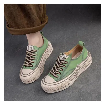 (green, 35) Johnature Spring Genuine Leather Women Shoes Lace-up Sewing Flat Handmade Concise Le