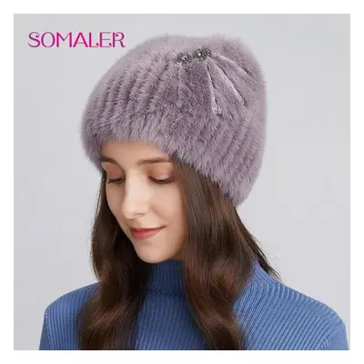 (purple) Somaler Winter Real Mink Fur Hats For Women Knitted Warm Wool Hats Girls Skull Beanie W