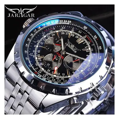 (black) Jaragar Blue Glass Design Automatic Watch Stainless Steel Date Clock Luminous Men Busine