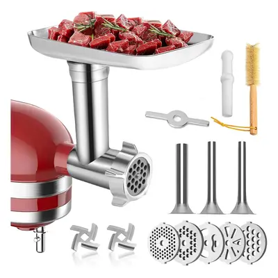 (Silver) Durable stainless steel food grater attachment includes sausage filling tubes, grating 