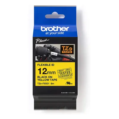 Brother TZe-FX631 Labelling Tape Cassette, Black on Yellow, 12mm (W) x 8M (L), Flexible ID, Brot