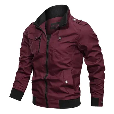 (red, XXL) Fashion Casual Solid Color Jacket Zipper Pocket Vertical Collar Large Size Jacket Men