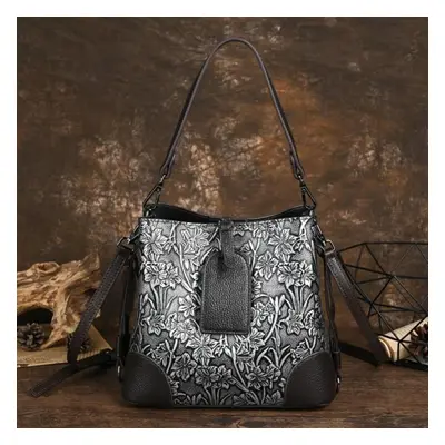 (silver) Johnature Genuine Leather Women Bucket Bag Retro Embossed Cowhide Handbag Large Capacit