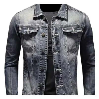 (grey, 3XL) Cozy Up Jean Jacket For Men Slim Fit Ripped Denim Jacket Coat