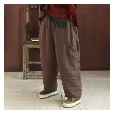 (coffee, One Size) Johnature Women Vintage Bloomers Pants Patchwork Loose Pockets Winter Trouser