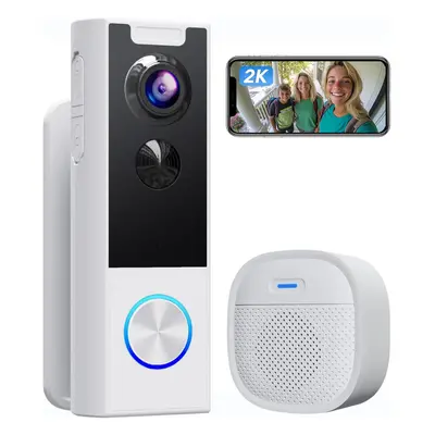 (White) Wireless Video Doorbell No Subscription-2K HD Security Doorbell Camera-Local/Cloud Stora