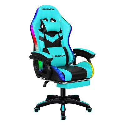 (cyan) ELFORDSON Gaming Office Chair RGB LED Massage Footrest