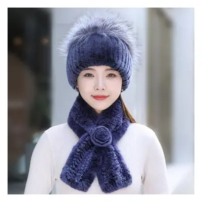 (blue, Good elasticity 52cm-60cm) Rex Rabbit Fur Hat Scarf Sets Women Winter Warm Luxury 100% Ge