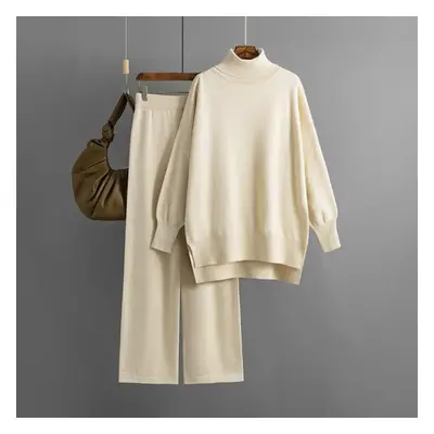 (apricot, OneSize) Fall Winter Lazy Wind Loose Turtleneck Sweater Suit Women&apos;s Solid Color 