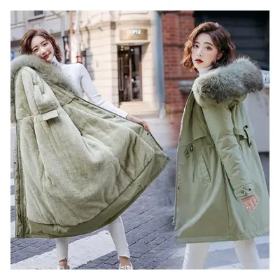 (green, M) Women Fall Winter Jacket Coat Parka Thicken Cotton Liner Medium Long Hooded Fur Colla