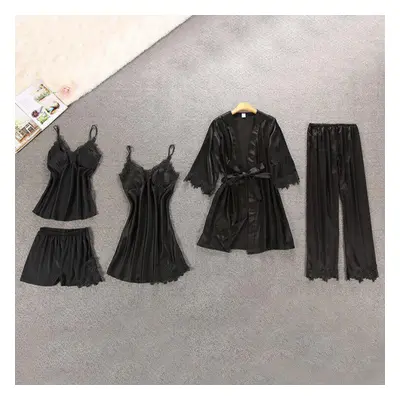 (black, XL) Lisacmvpnel Pcs With Pad Sexy Lace Pajama Set Nightgown+cardigan+pant Set Lace Pijam