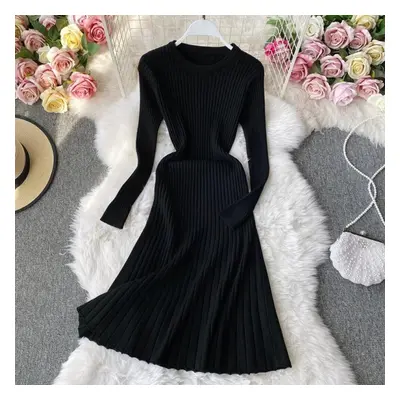 (black, One Size) Vintage Women&apos;s Dress Solid Color O-neck Long Sleeve Knit Dresses Female 