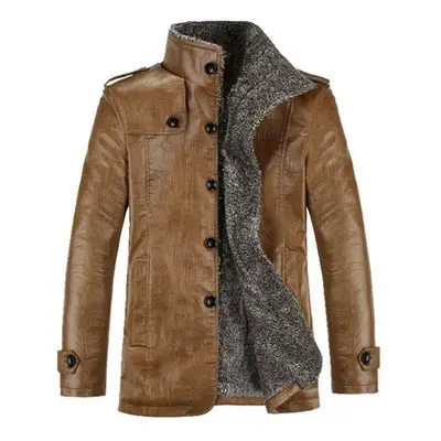 (khaki, 3XL) Mens Warm Winter Overcoat Leather Fur Lined Thick Coat Cowboy Jacket Outwear