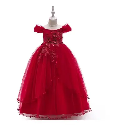 (dark red, 150CM) Summer Lace Wedding Girls Dress Prom Gowns Party Bridesmaid Princess Kids Dres