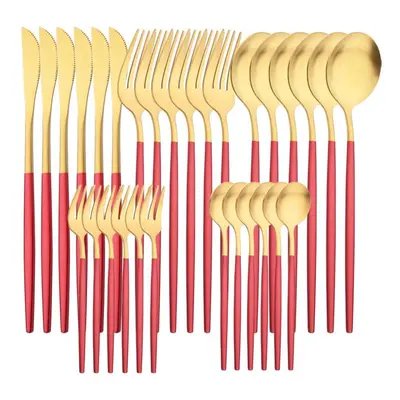 (red,gold) 6people Matte Gold Dinnerware Set 30pcs/set Dinner Knife Cake Fork Spoon Tableware St